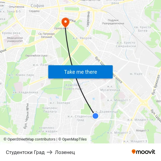 Студентски Град to Лозенец map