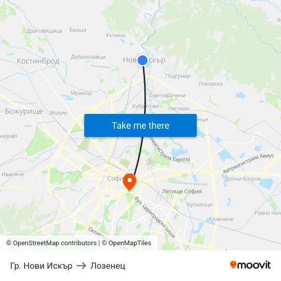 Гр. Нови Искър to Лозенец map