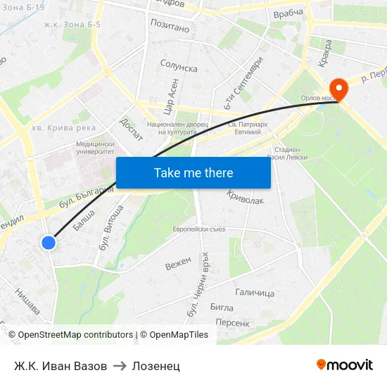 Ж.К. Иван Вазов to Лозенец map