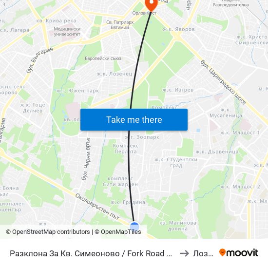 Разклона За Кв. Симеоново / Fork Road To Simeonovo Qr. (1458) to Лозенец map
