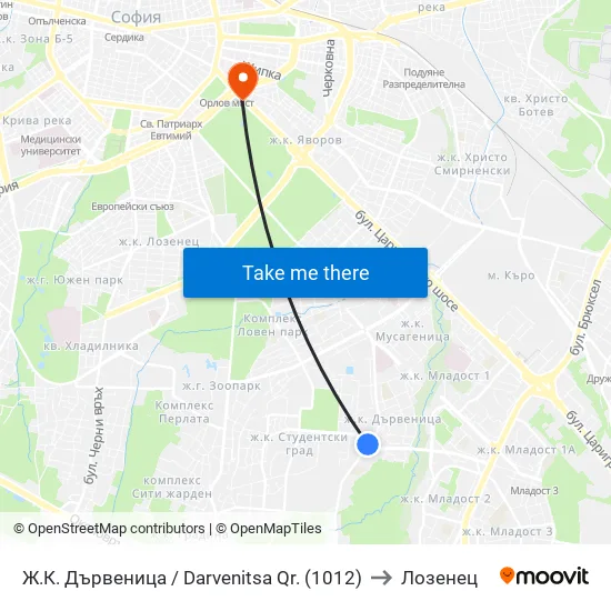 Ж.К. Дървеница / Darvenitsa Qr. (1012) to Лозенец map