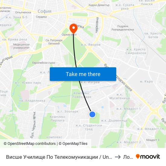 Висше Училище По Телекомуникации / University Of Telecommunications And Post (1396) to Лозенец map