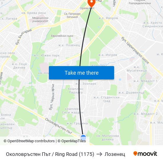 Околовръстен Път / Ring Road (1175) to Лозенец map