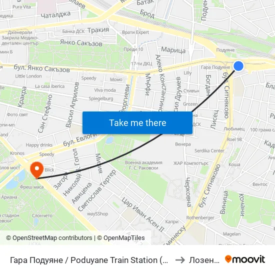 Гара Подуяне / Poduyane Train Station (0466) to Лозенец map