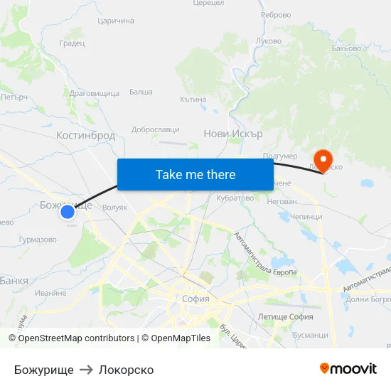 Божурище to Локорско map