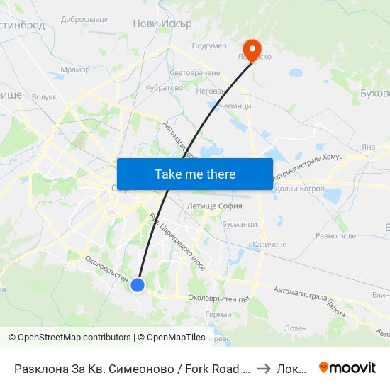 Разклона За Кв. Симеоново / Fork Road To Simeonovo Qr. (1459) to Локорско map