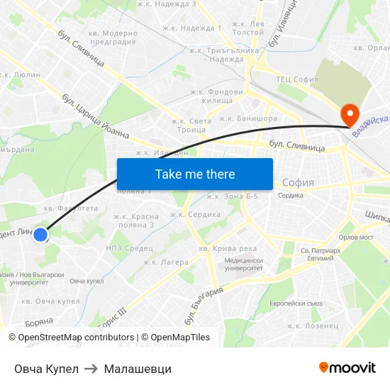 Овча Купел to Малашевци map