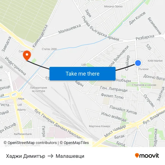 Хаджи Димитър to Малашевци map