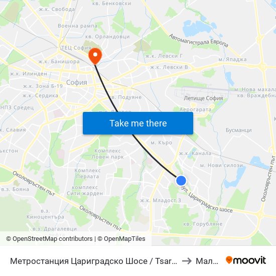 Метростанция Цариградско Шосе / Tsarigradsko Shosse Metro Station (1016) to Малашевци map