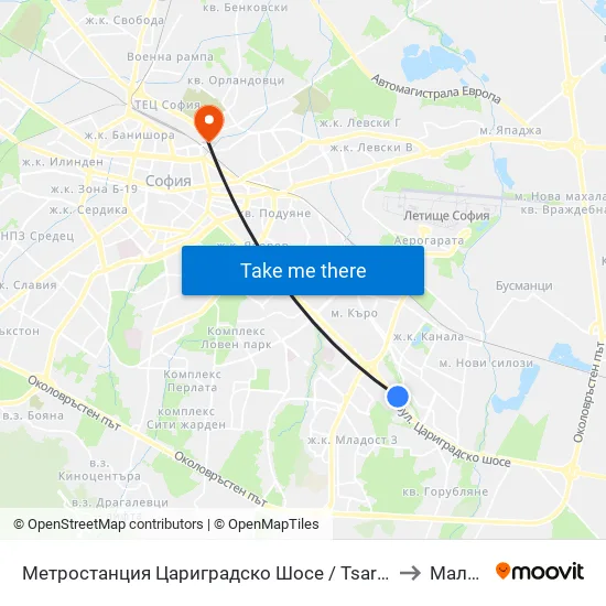 Ⓜ️ Метростанция Цариградско Шосе / Tsarigradsko Shosse Metro Station (1016) to Малашевци map