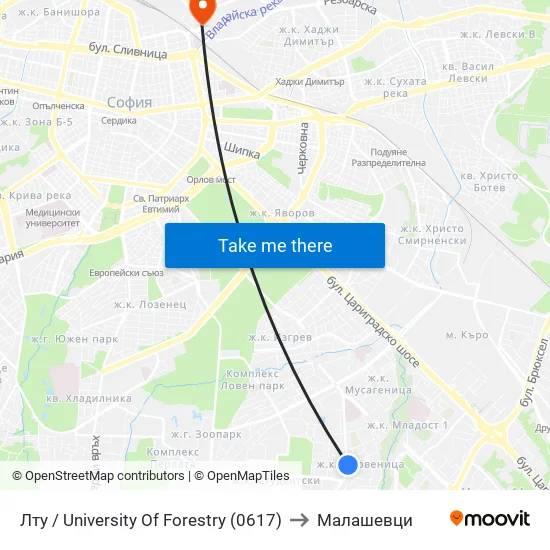 Лту / University Of Forestry (0617) to Малашевци map