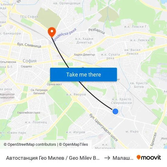 🚌🎓 Автостанция Гео Милев / Geo Milev Bus Station (0052) to Малашевци map