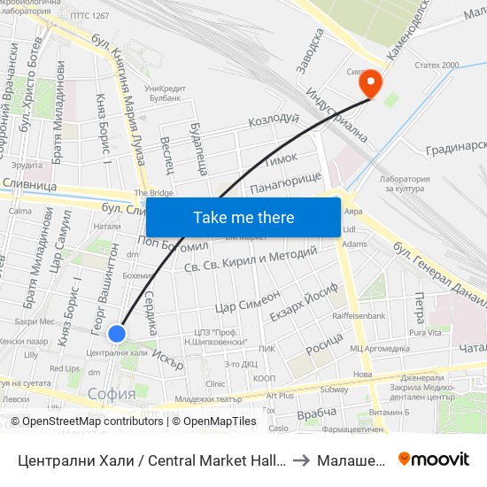 Централни Хали / Central Market Hall (2337) to Малашевци map