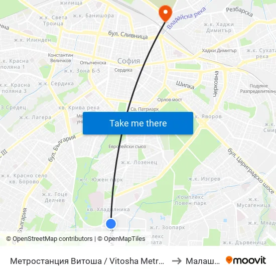 Ⓜ️ Метростанция Витоша / Vitosha Metro Station (2756) to Малашевци map