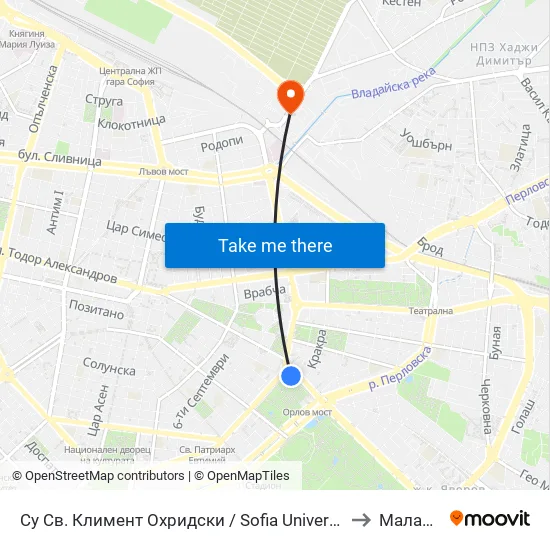Софийски Университет / Sofia University to Малашевци map