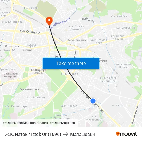 Ж.К. Изток / Iztok Qr (1696) to Малашевци map