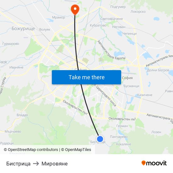 Бистрица to Мировяне map