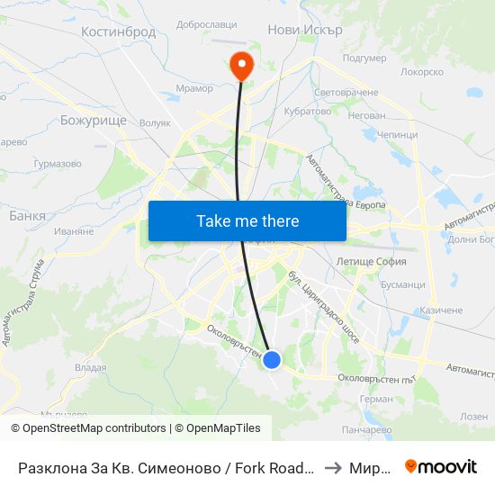 Разклона За Кв. Симеоново / Fork Road To Simeonovo Qr. (1458) to Мировяне map