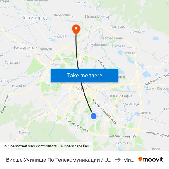 Висше Училище По Телекомуникации / University Of Telecommunications And Post (1396) to Мировяне map