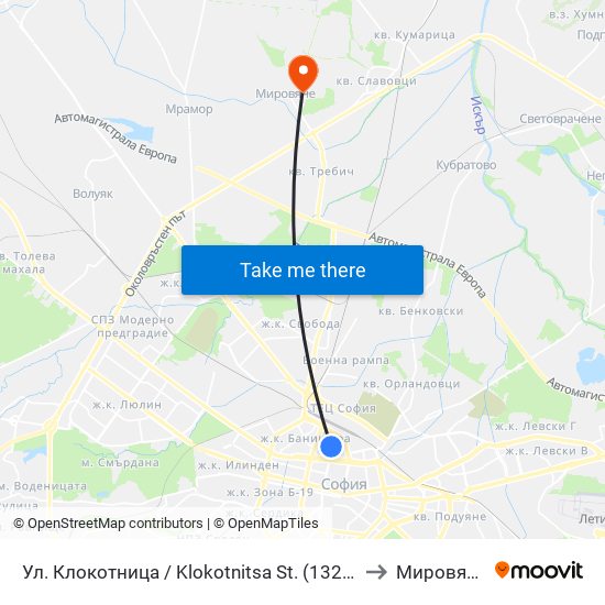 Ул. Клокотница / Klokotnitsa St. (1326) to Мировяне map