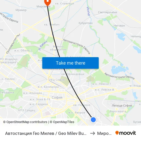 🚌 Автостанция Гео Милев / Geo Milev Bus Station (0052) to Мировяне map