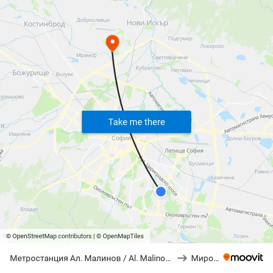 Ⓜ️ Метростанция Ал. Малинов / Al. Malinov Metro Station (0170) to Мировяне map