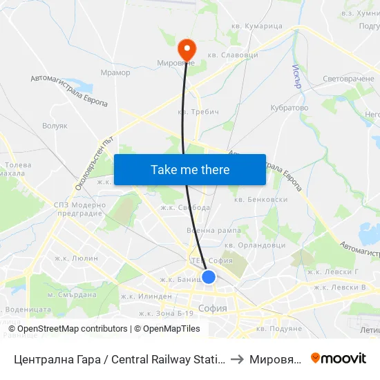 Централна Гара / Central Railway Station to Мировяне map