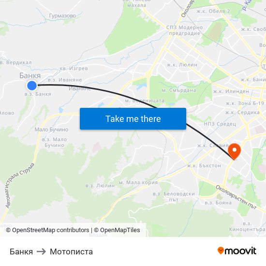 Банкя to Мотописта map