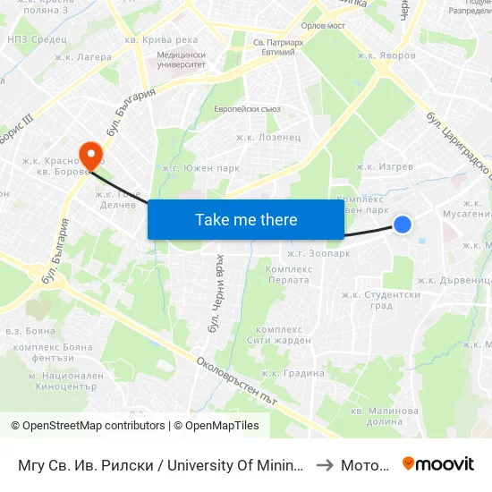 Мгу Св. Ив. Рилски / University Of Mining And Geology (1033) to Мотописта map