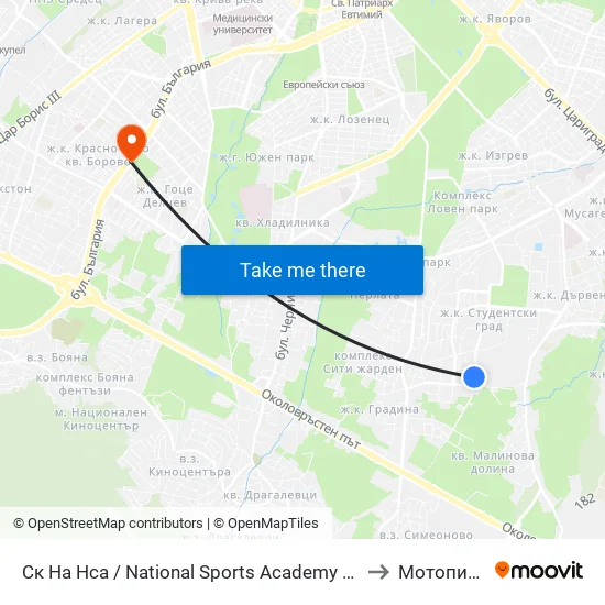 Ск На Нса / National Sports Academy (1609) to Мотописта map
