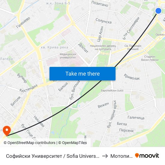 Софийски Университет / Sofia University (1699) to Мотописта map