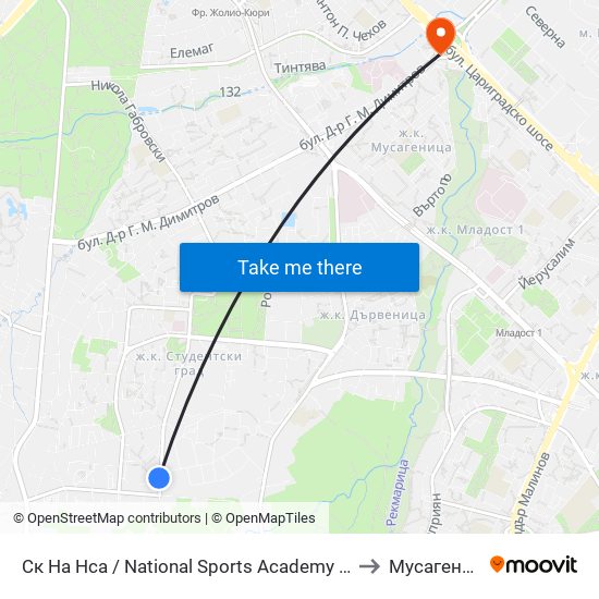 Ск На Нса / National Sports Academy (1609) to Мусагеница map