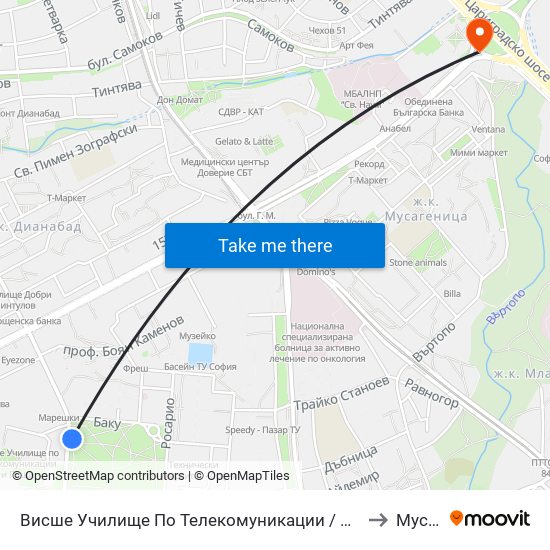 Висше Училище По Телекомуникации / University Of Telecommunications And Post (1397) to Мусагеница map