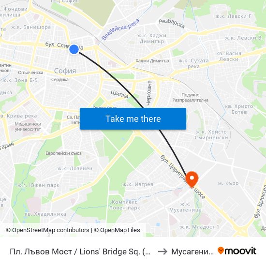 Пл. Лъвов Мост / Lions' Bridge Sq. (1278) to Мусагеница map