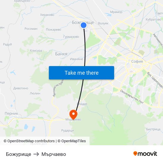 Божурище to Мърчаево map