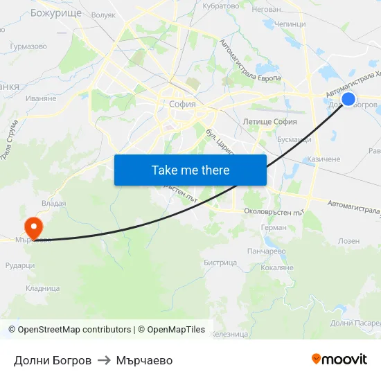 Долни Богров to Мърчаево map