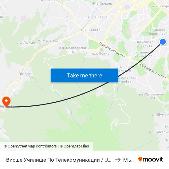 Висше Училище По Телекомуникации / University Of Telecommunications And Post (1396) to Мърчаево map