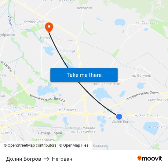 Долни Богров to Негован map