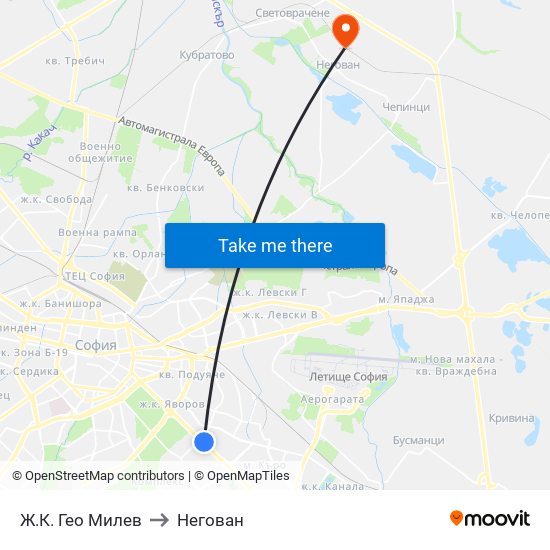Ж.К. Гео Милев to Негован map