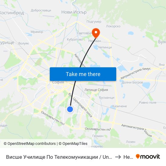 Висше Училище По Телекомуникации / University Of Telecommunications And Post (1397) to Негован map