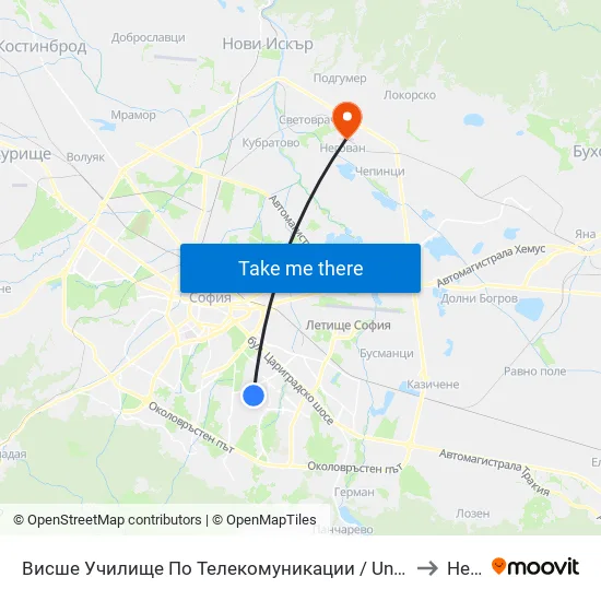 Висше Училище По Телекомуникации / University Of Telecommunications And Post (1397) to Негован map
