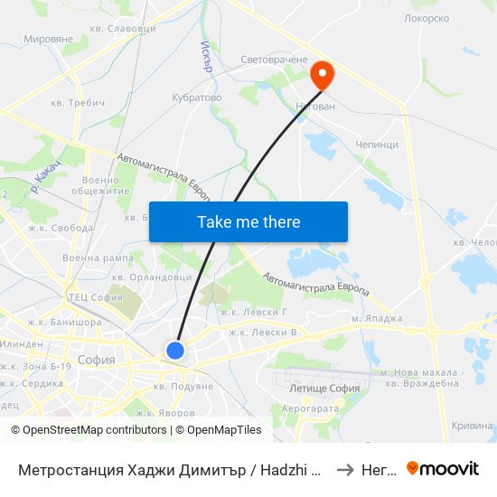 Метростанция Хаджи Димитър / Hadzhi Dimitar Metro Station (0303) to Негован map