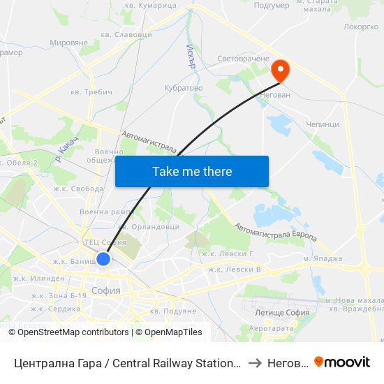 Централна Гара / Central Railway Station (1327) to Негован map