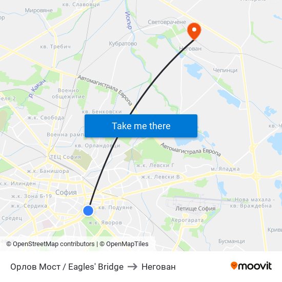 Орлов Мост / Eagles' Bridge to Негован map