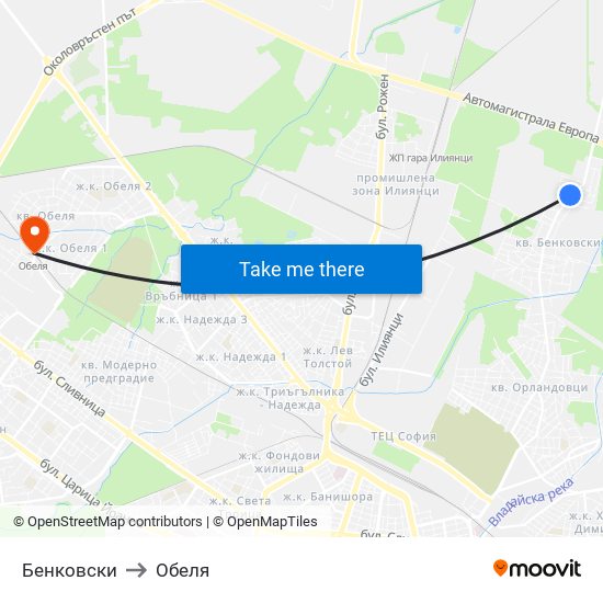 Бенковски to Обеля map