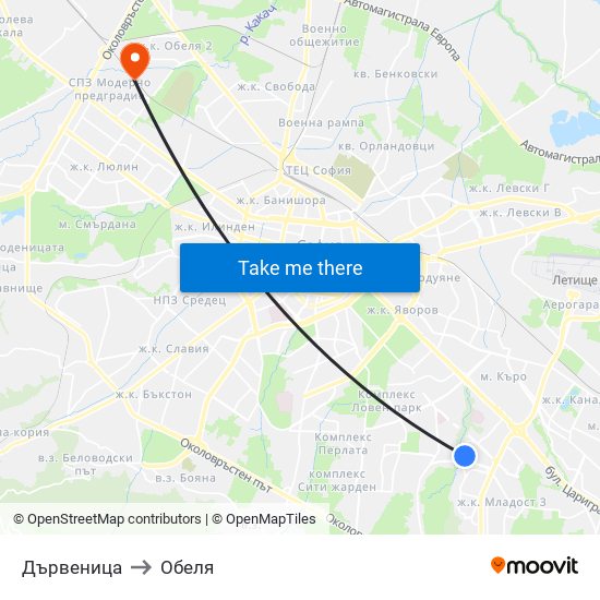 Дървеница to Обеля map