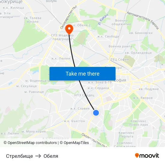 Стрелбище to Обеля map