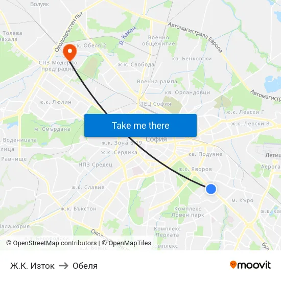 Ж.К. Изток to Обеля map
