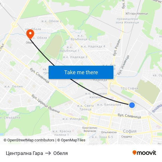 Централна Гара to Обеля map