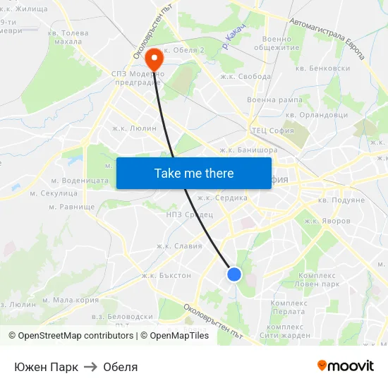 Южен Парк to Обеля map